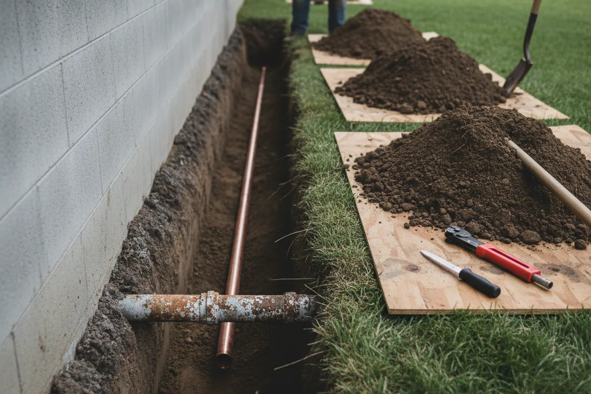 Excavated water line trench during Sewer Line Repair in Stone Harbor